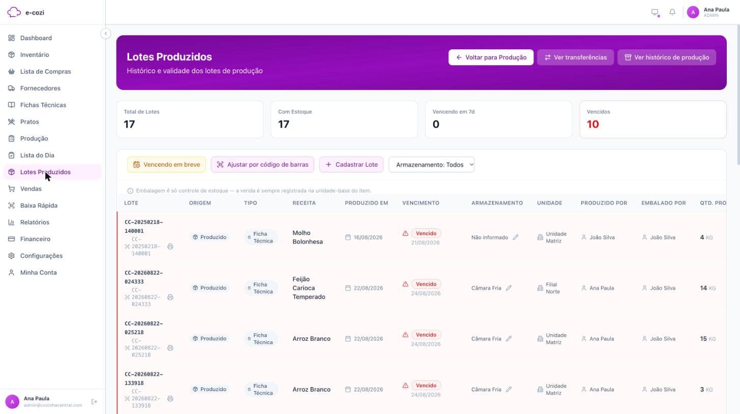Tela de rastreabilidade de lotes de produção do e-cozi